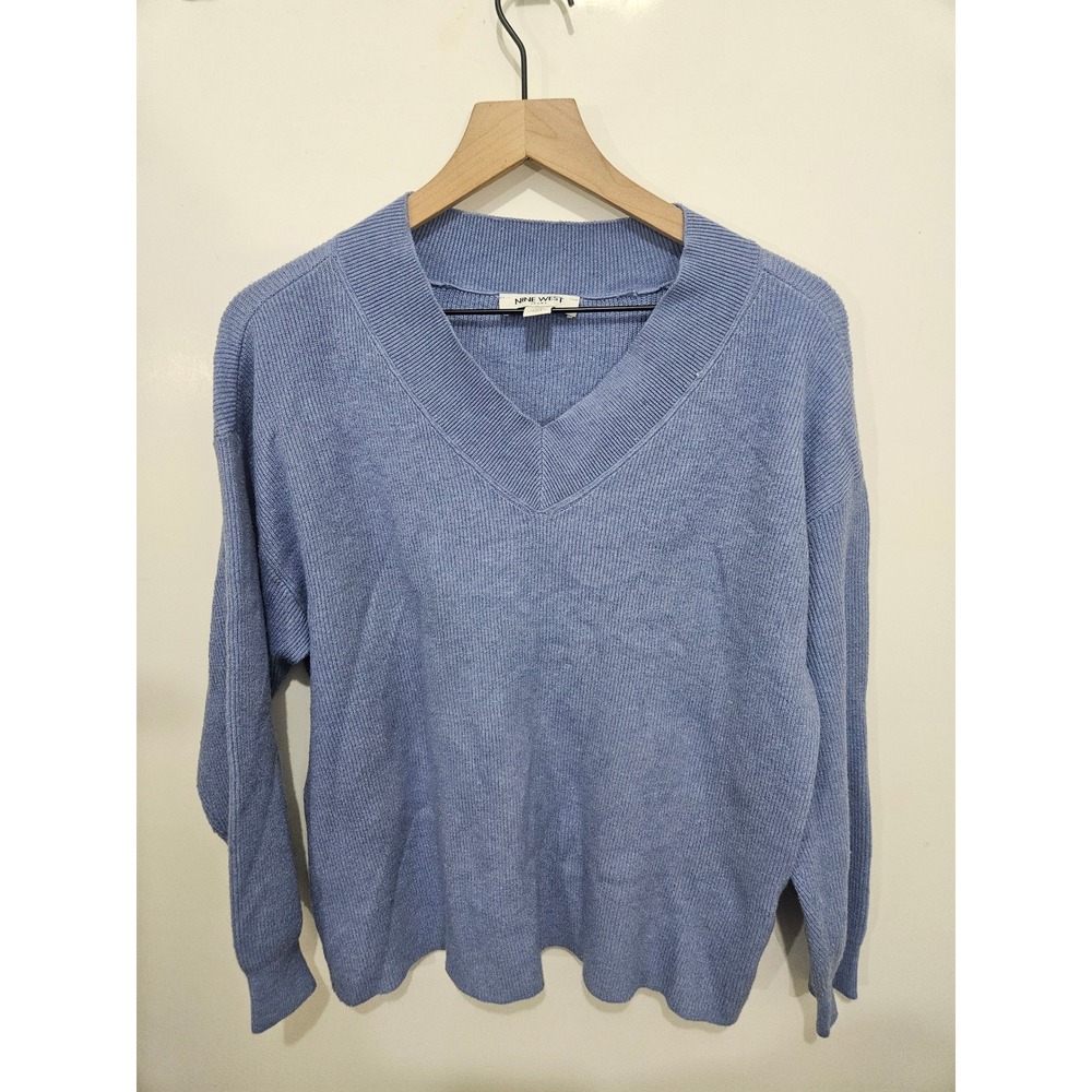 Nine West Jeans Women XL Light Blue V-Neck‎ Ribbed Knit Pullover Sweater Long